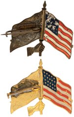 McKINLEY & BRYAN PAIR OF 1896 AMERICAN FLAG MECHANICAL JUGATE BADGES.