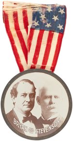 "BRYAN AND STEVENSON" JUGATE BUTTON ON AMERICAN FLAG RIBBON BADGE.