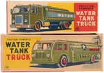FRICTION POWERED ARMY WATER TANK TRUCK PAIR IN BOXES.