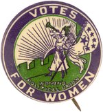 "VOTES FOR WOMEN" SUFFRAGE CLARION TRUMPETER SIX STAR BUTTON.