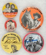 FIVE MOVIE AND TV COWBOY BUTTONS WITH AUTOGRAPHS OBTAINED IN PERSON AT WESTERN FAN CONVENTIONS.