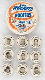 1947-1948 PHILADELPHIA ROCKETS HOCKEY TEAM LARGE BUTTON AND NINE INDIVIDUAL PLAYER BUTTONS.