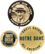 1931 KNUTE ROCKNE MEMORIAL BUTTON & TWO 1940 MOVIE PROMO BUTTONS FOR "KNUTE ROCKNE ALL AMERICAN".