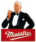 “MAESTRO” DIE-CUT CARDBOARD CIGAR SIGN.