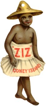 "'ZIZ' CONEY ISLAND" CELLULOID 2-SIDED FIGURE FOR ROLLER COASTER AT FELTMAN'S RESTAURANT C. 1905.