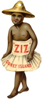 "'ZIZ' CONEY ISLAND" CELLULOID 2-SIDED FIGURE FOR ROLLER COASTER AT FELTMAN'S RESTAURANT C. 1905.