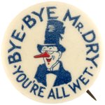 "BYE BYE MR. DRY" ANTI PROHIBITION CARTOON BUTTON.