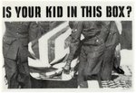 POWERFUL "IS YOUR KID IN THIS BOX" ANTI-VIETNAM WAR BUTTON.