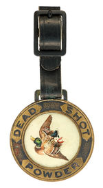 "DEAD SHOT POWDER" BRASS WATCH FOB WITH SUPERB COLOR INSERT.