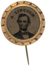 "A. LINCOLN" RARE 1864 BRASS SHELL SCALLOP FRAMED FERROTYPE BADGE.
