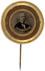 "HORACE GREELEY" FERROTYPE WITH ORNATE BORDER IN BRASS SHELL FRAME.