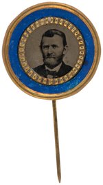 GRANT FERROTYPE WITH BLUE ACCENTED BORDER IN BRASS SHELL FRAME.