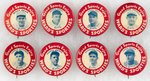 1934 WARD'S SPORTIES COMPLETE SET OF EIGHT BUTTONS WITH FOUR HOF'ERS INCLUDING DIZZY DEAN.