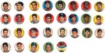 1956 TOPPS COMPLETE SET OF 60 BUTTONS (12 HOF'ERS) PLUS FACTORY ERROR BUTTON.