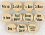 C. 1915 UNUSUAL AND RARE TEXT ONLY GROUP OF 11 BASEBALL TEAM POSITION BUTTONS.