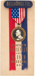 ROOSEVELT "MASSACHUSETTS" RARE 1933 INAUGURAL RIBBON BADGE.