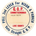 "PULL 2ND LEVER FOR NIXON & PARKER GOP COMMITTEEWOMAN" 1960 INDIANA COATTAIL BUTTON.