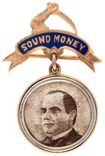 McKINLEY 14K GOLD ENAMEL "SOUND MONEY" BADGE.