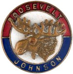 "ROOSEVELT JOHNSON" PROGRESSIVE PARTY BULL MOOSE ENAMEL BADGE.