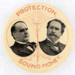 McKINLEY & HOBART LARGE "PROTECTION SOUND MONEY" JUGATE PIN-BACK BUTTON.