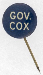 "GOV. COX" JAMES M. COX OHIO GUBERNATORIAL STICKPIN BUTTON.
