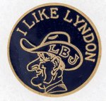 "I LIKE LYNDON" JOHNSON "LBJ" COWBOY HAT ENAMEL PIN-BACK LAPEL BADGE.