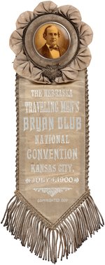 "THE NEBRASKA TRAVELING MEN'S BRYAN CLUB" SUPERB 1900 RIBBON BADGE.