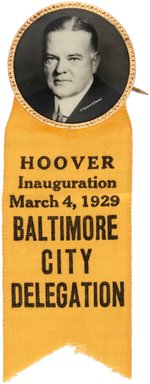 HOOVER "BALTIMORE CITY DELEGATION" RIBBON BADGE WITH STRIKING BUTTON.