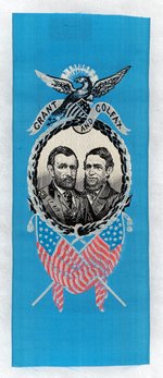 "GRANT AND COLFAX" 1868 WOVEN SILK JUGATE RIBBON.