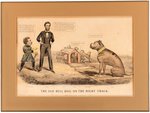 LINCOLN ANTI-McCLELLAN "THE BULLDOG ON THE RIGHT TRACK" 1865 HAND COLORED CARTOON PRINT.