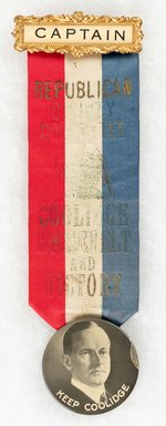"KEEP COOLIDGE" CELLO BUTTON ON 1924 "COOLIDGE ROOSEVELT AND VICTORY" NEW YORK COATTAIL RIBBON.