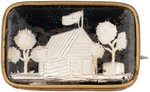 HARRISON LOG CABIN & HARD CIDER BARREL OBLONG 1840 CAMPAIGN SULFIDE BROOCH.