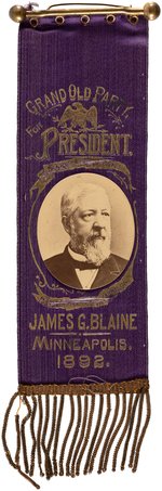 BLAINE "FOR PRESIDENT 1892" RARE APPLIED REAL PHOTO HOPEFUL RIBBON.