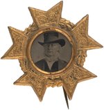 GREELEY 1872 FERROTYPE IN ICONIC HAT SET IN ORNATE BRASS SHELL FRAME.