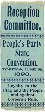 PEOPLE'S PARTY "AGAINST CORPORATE RULE" 1898 KANSAS CONVENTION RIBBON.