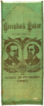 WEAVER & CHAMBERS 1880 "GREENBACK LABOR" PARTY RARE JUGATE RIBBON.