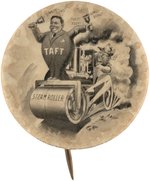 TAFT STEAMROLLER DRIVEN BY ROOSEVELT OUTSTANDING 1908 CARTOON BUTTON.