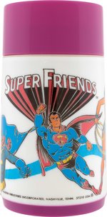 DC COMICS "SUPER FRIENDS" UNUSED METAL LUNCHBOX WITH THERMOS.