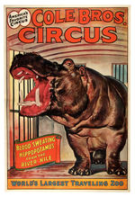 "COLE BROS. CIRCUS" POSTER FEATURING GREAT HIPPOPOTAMUS GRAPHIC.