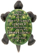 CAST IRON TURTLE PAPERWEIGHT AD FOR "HOYT'S TURTLE LEATHER WATERPROOF BELTING".