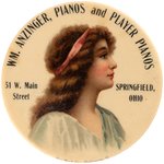 POCKET MIRROR C. 1910  FOR OHIO DEALER IN PIANOS AND PLAYER PIANOS REPRESENTED BY YOUNG WOMAN.