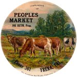 POCKET MIRROR C. 1910 WITH YREKA, CA SCENE OF GRAZING CATTLE NAMING "PEOPLE'S MARKET JOE BEYM, PROP."