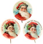 THREE SIMILAR BUT DISTINCTIVELY DIFFERENT SANTAS WITH STORE IMPRINTS IN GOLD, RED AND BLACK C. 1920.