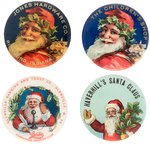 FOUR CHOICE COLOR SANTAS WITH ADVERTISING TEXT AND BACK PAPERS C. 1910-20.