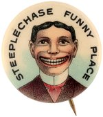 CONEY ISLAND'S FAMED "STEEPLECHASE" PARK ICONIC TRADEMARK IMAGE "FUNNY PLACE" AD BUTTON C. 1907.