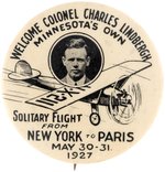 SCARCE "MINNESOTA'S OWN" 1927 TOUR BUTTON "WELCOME COLONEL CHARLES LINDBERGH" MISSING A RIBBON.