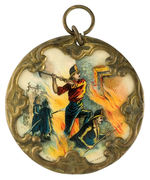 GORGEOUS COLOR FIRE SCENE CELLULOID WITH BRASS ART NOUVEAU FRAME.