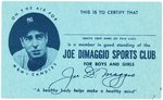 1940s JOE DiMAGGIO (HOF) SPORTS CLUB MEMBERSHIP CARD FROM M&M CANDIES SPONSORED RADIO PROGRAM.