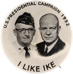 IKE & STRANGER 1952 "I LIKE IKE" NOVELTY CAMPAIGN BUTTON.