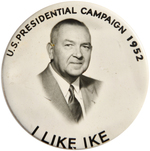 IKE & STRANGER 1952 "I LIKE IKE" SINGLE PICTURE NOVELTY CAMPAIGN BUTTON.